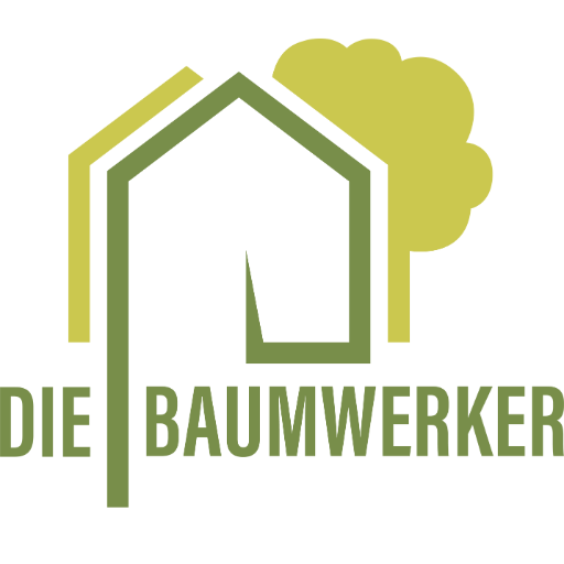 Farbiges Logo der BaumWerker Leipzig mit stilisiertem Haus und grünem Baum
